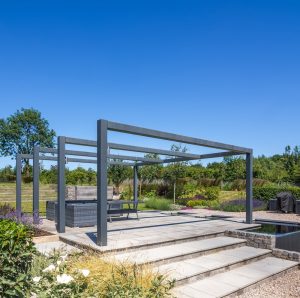 Contemporary Family Garden, 35 Bourn Caxton, Steel Pergola